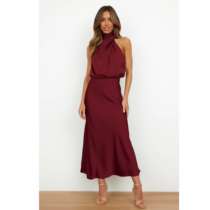 Elegant women's evening gown with a halter neckline
