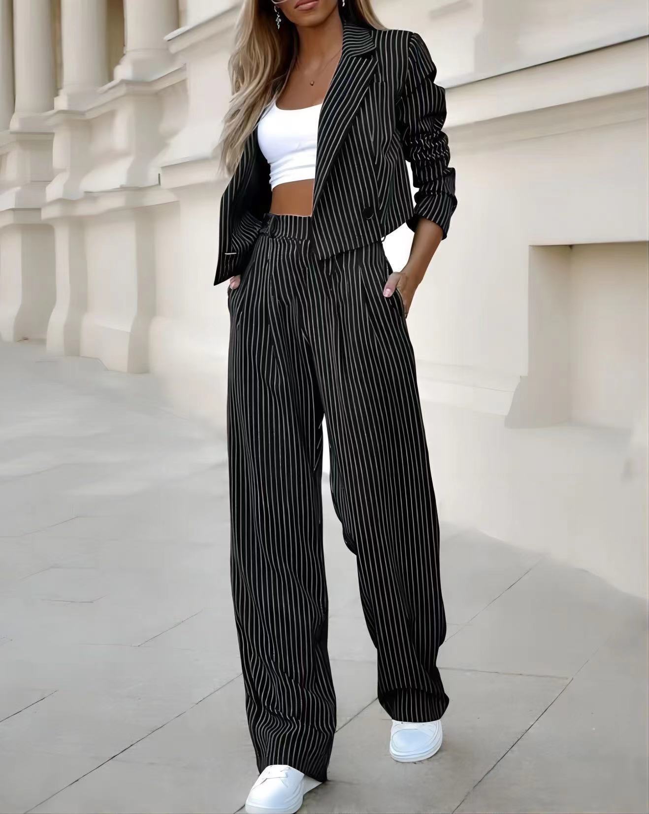 Fashionable Pinstripe Blazer and Trousers Suit Set