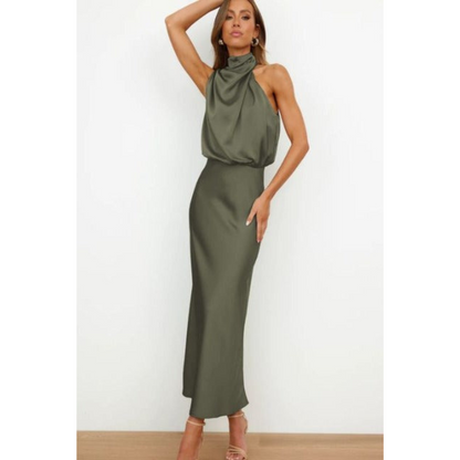 Elegant women's evening gown with a halter neckline