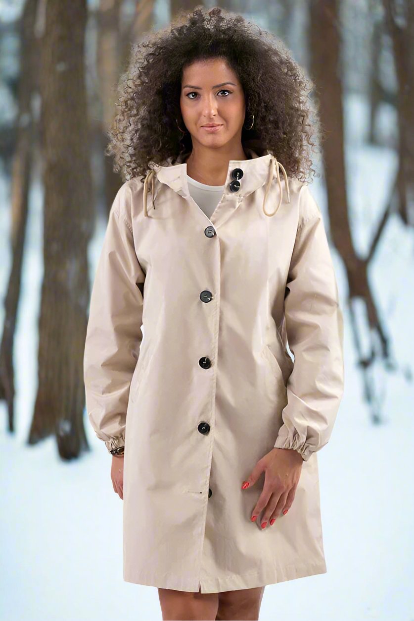 Waterproof knee-length rain jacket with hood