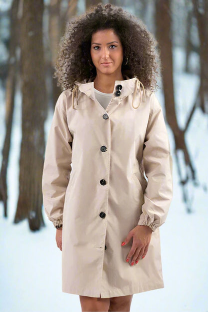 Waterproof knee-length rain jacket with hood