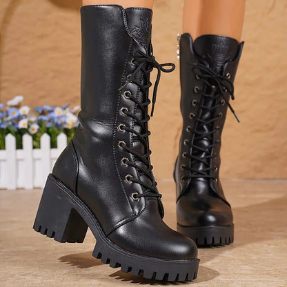 Women's High Heel Lace-Up Block Heel Boots