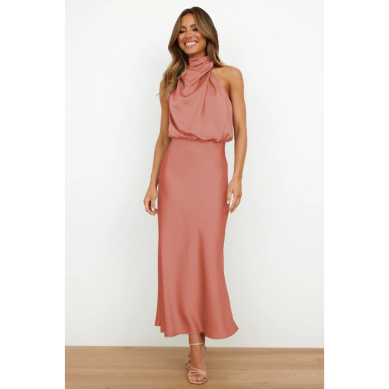 Elegant women's evening gown with a halter neckline