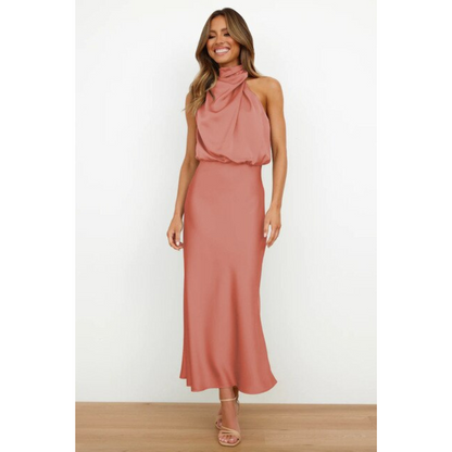 Elegant women's evening gown with a halter neckline
