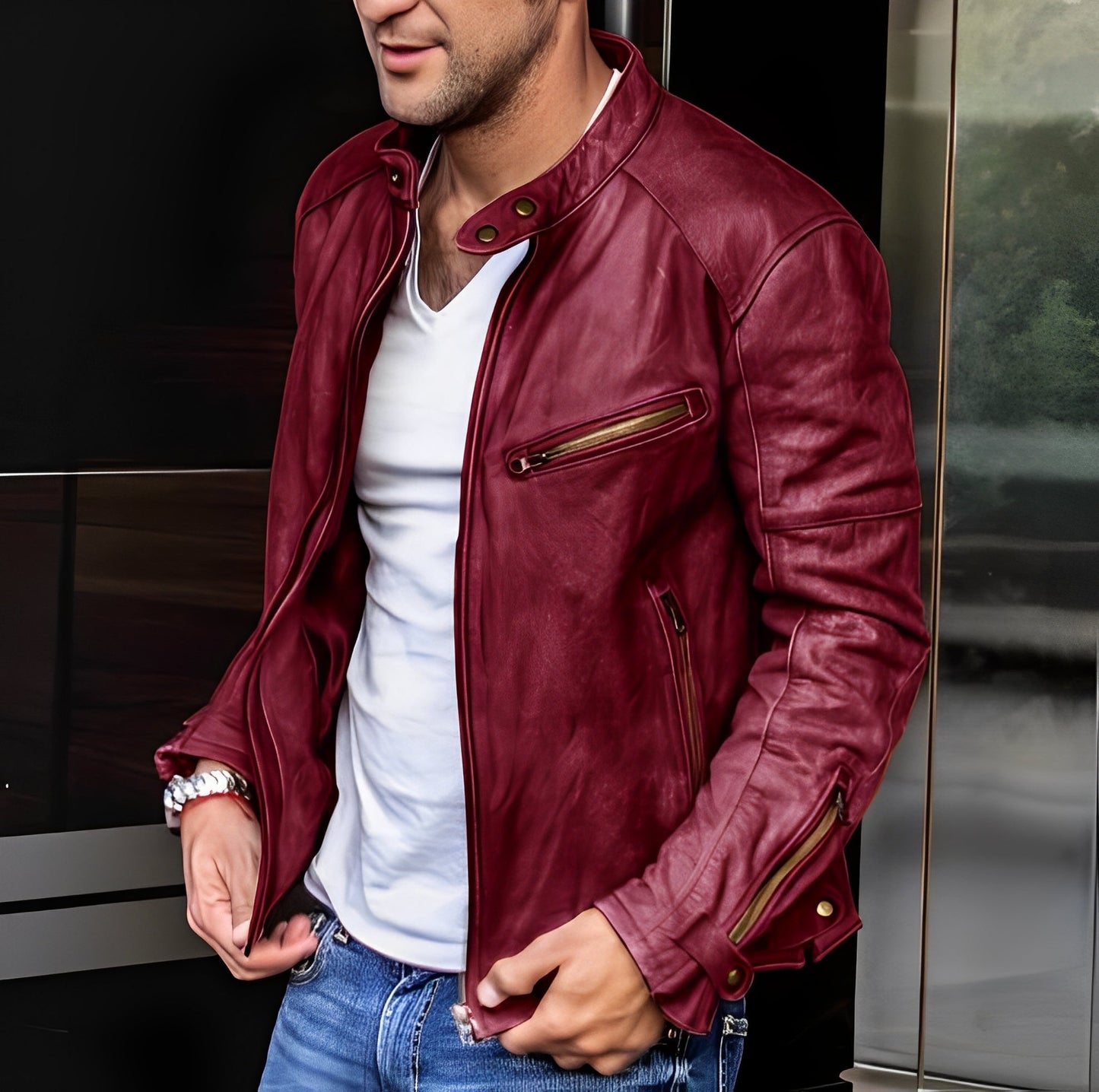 Elegant Men's Leather Jacket Zipper Pockets