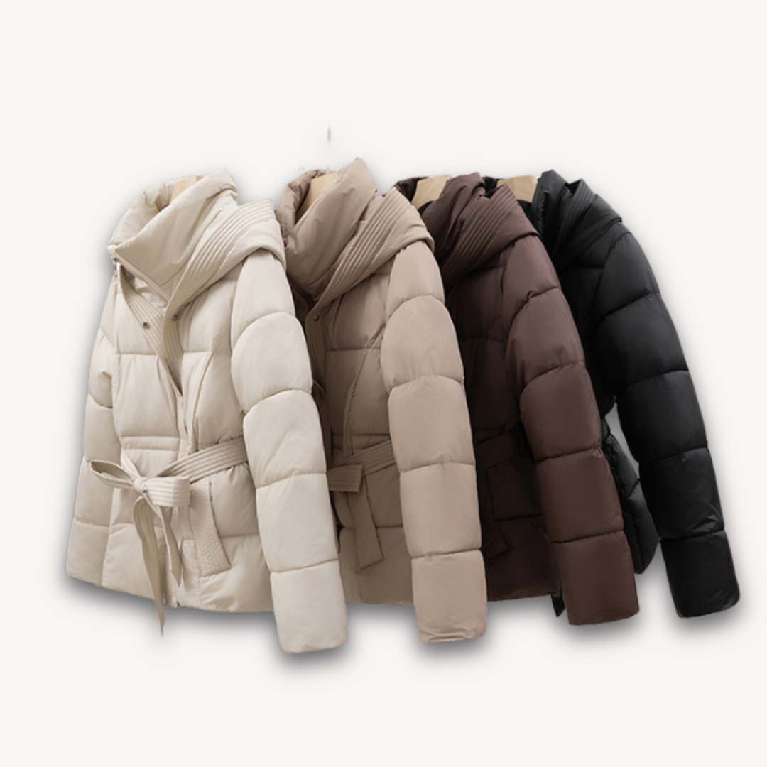 Damen Winterjacke Puffer Kapuze Gürtel - IdealeKleiden