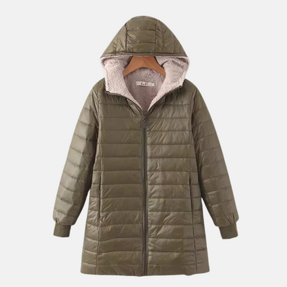 Warm Quilted Jacket Mid-Length Hood Fleece