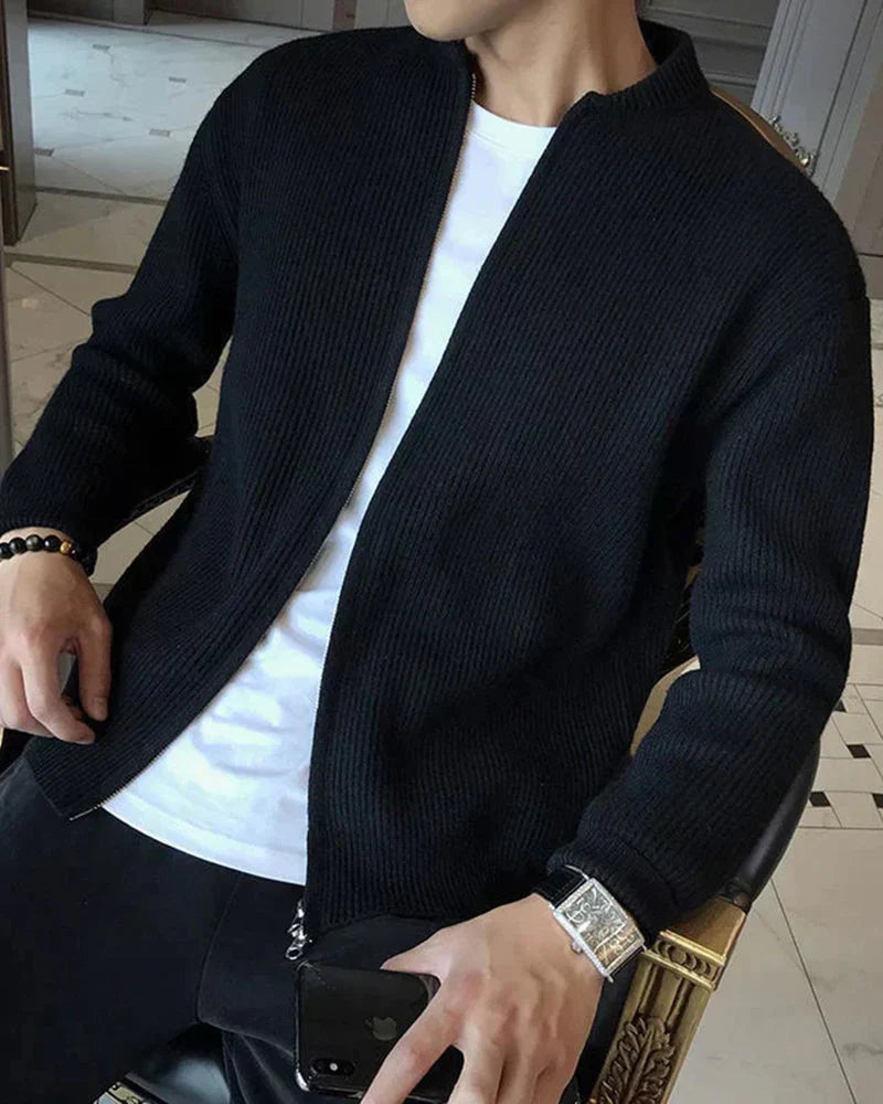 Men's Modern Rib-Knit Cardigan with Zipper