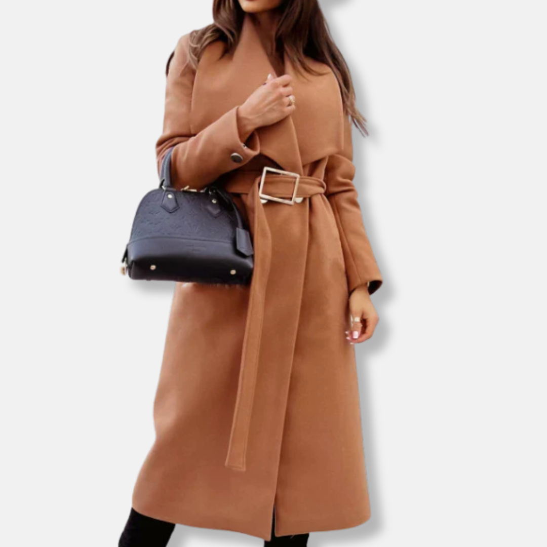 Elegant Women's Long Coat Relaxed Fit Gold Buckle