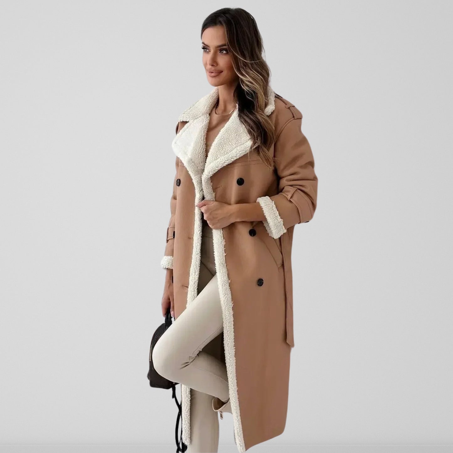 Long oversized sheepskin-lined coat with belt