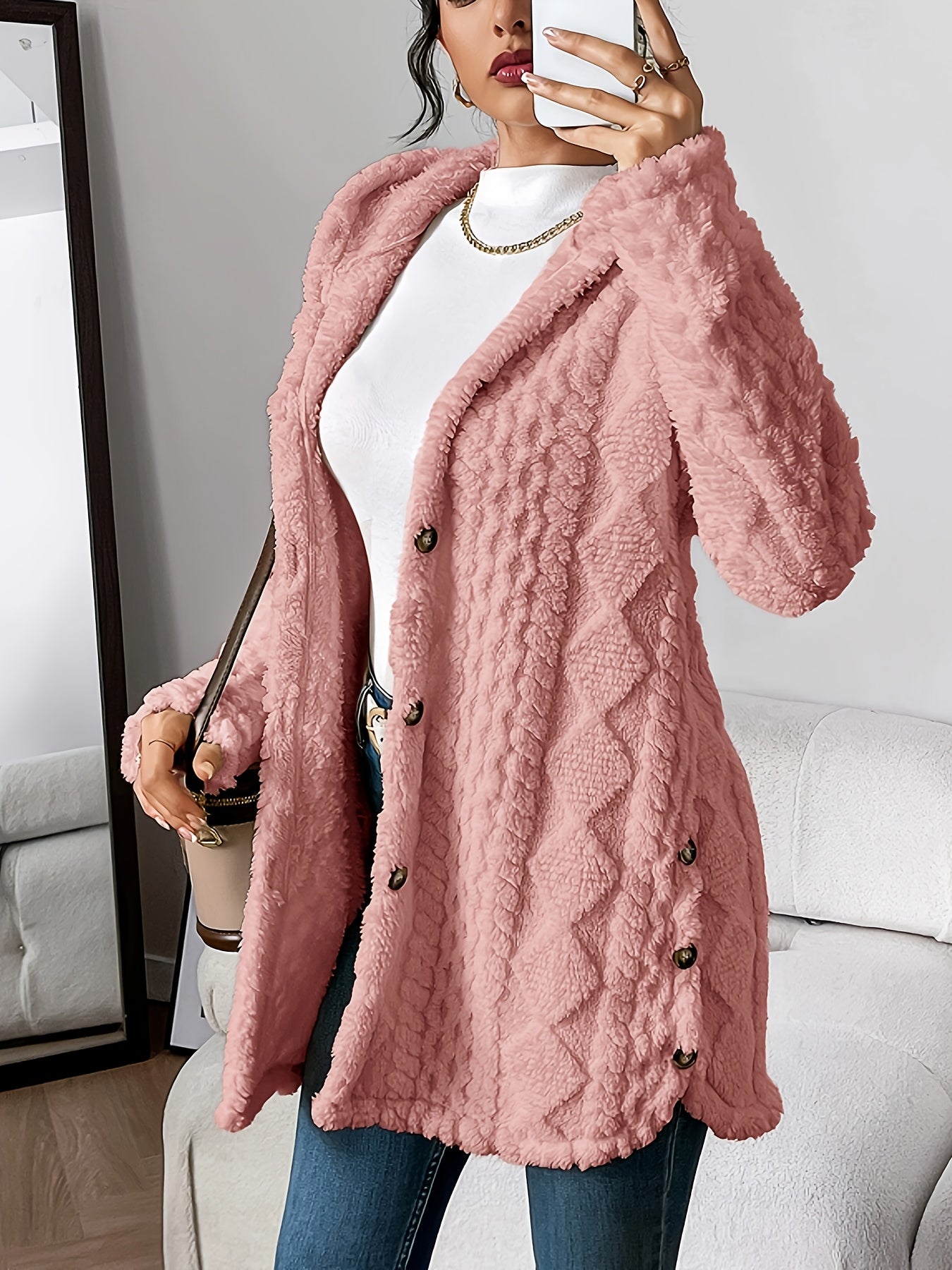 Women's Long Winter Jacket Hood Buttons