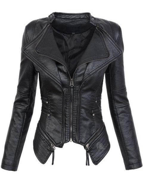 Women's Black Leather Jacket Asymmetric Biker Style