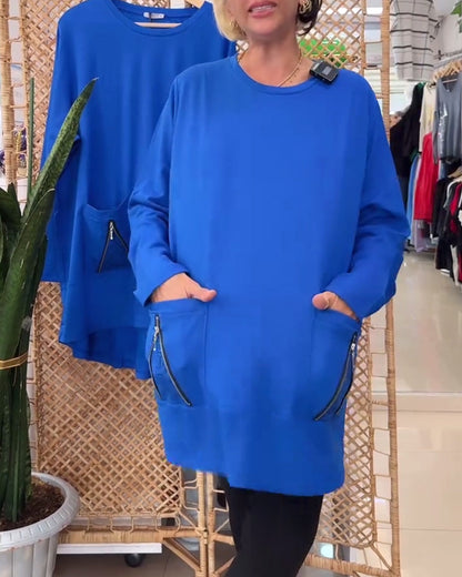 Classic Dress Round Neck Plain With Pockets