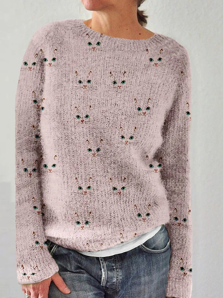 Kuschelpullover Katze Süß Gesichtsdruck Rundhals - IdealeKleiden