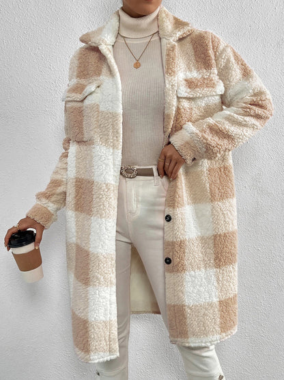 Checked Women's Jacket Plush Collar Button Closure