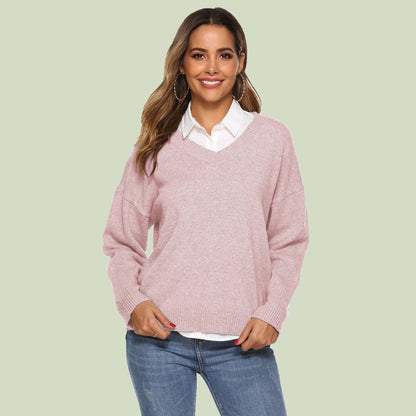 Women's Knitted V-Neck Sweater Comfortable Long Sleeve