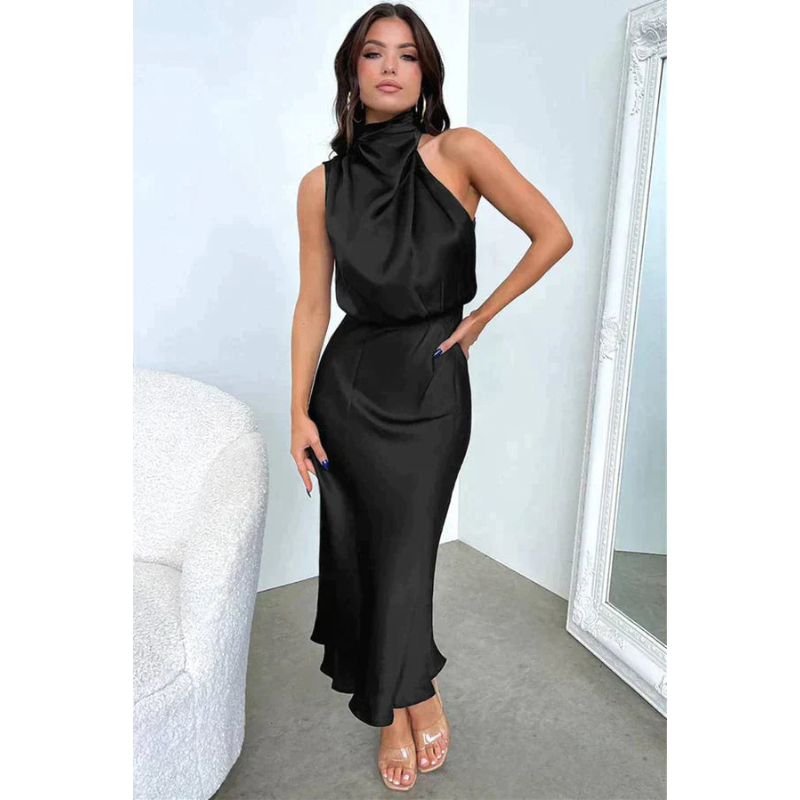 Elegant women's evening gown with a halter neckline