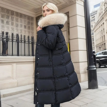 Women's Long Winter Coat Hood Fur Belt