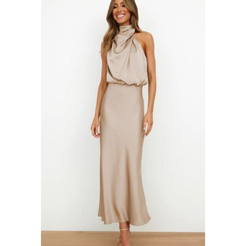 Elegant women's evening gown with a halter neckline