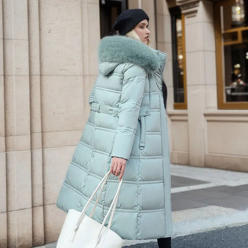 Women's Long Elegant Winter Coat with Fur Trim