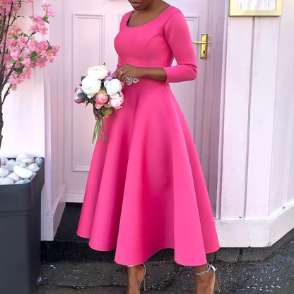 Elegant Women's Midi Dress Round Neck Cut