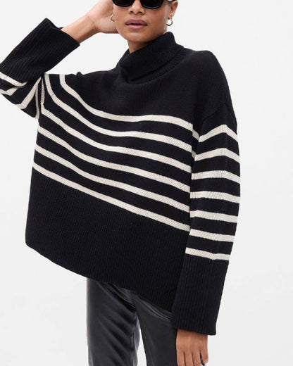 Fashionable Striped Sweater Black White