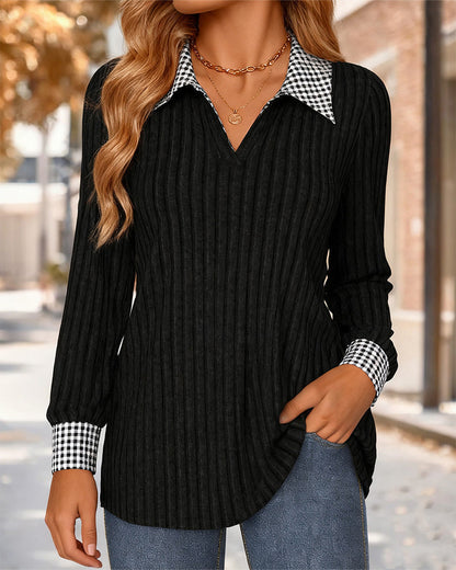 Women's Tartan Style Top Contrast Collar