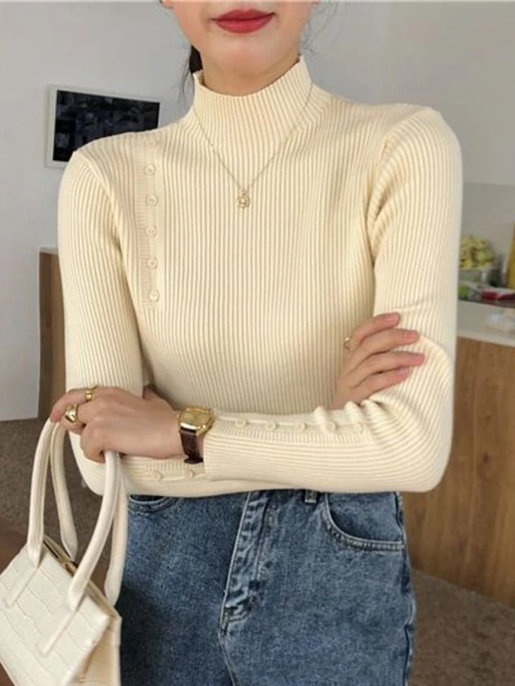 Stylish Sweater with Buttons and Stand-up Collar