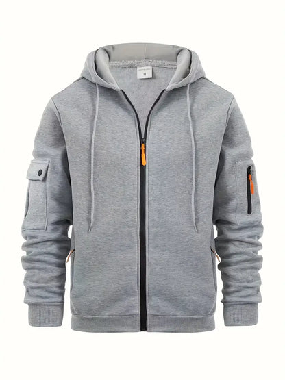 Herren Hoodie Modern Zip Taschen Schwarz - IdealeKleiden