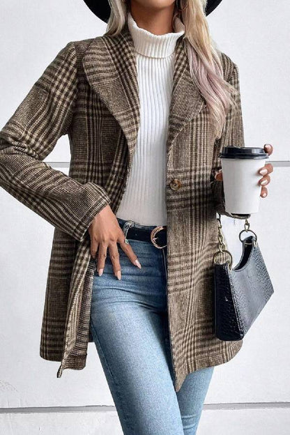 Elegant Long Sleeve Jacket Plaid Collar Women