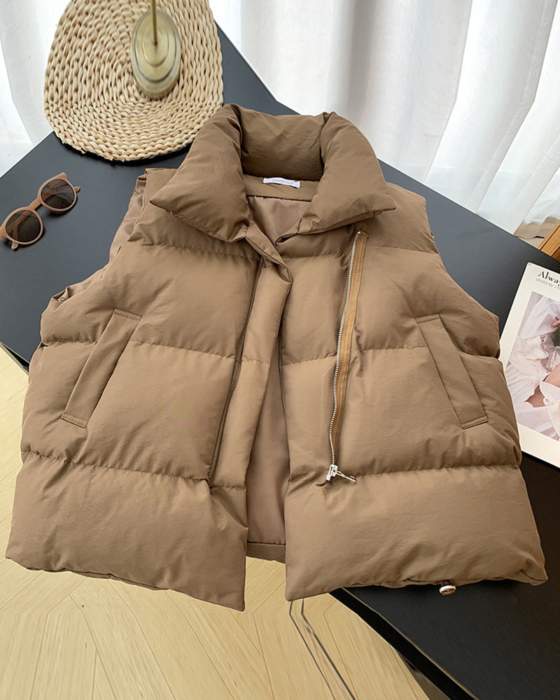Elegant Quilted Sleeveless Jacket Black Zipper