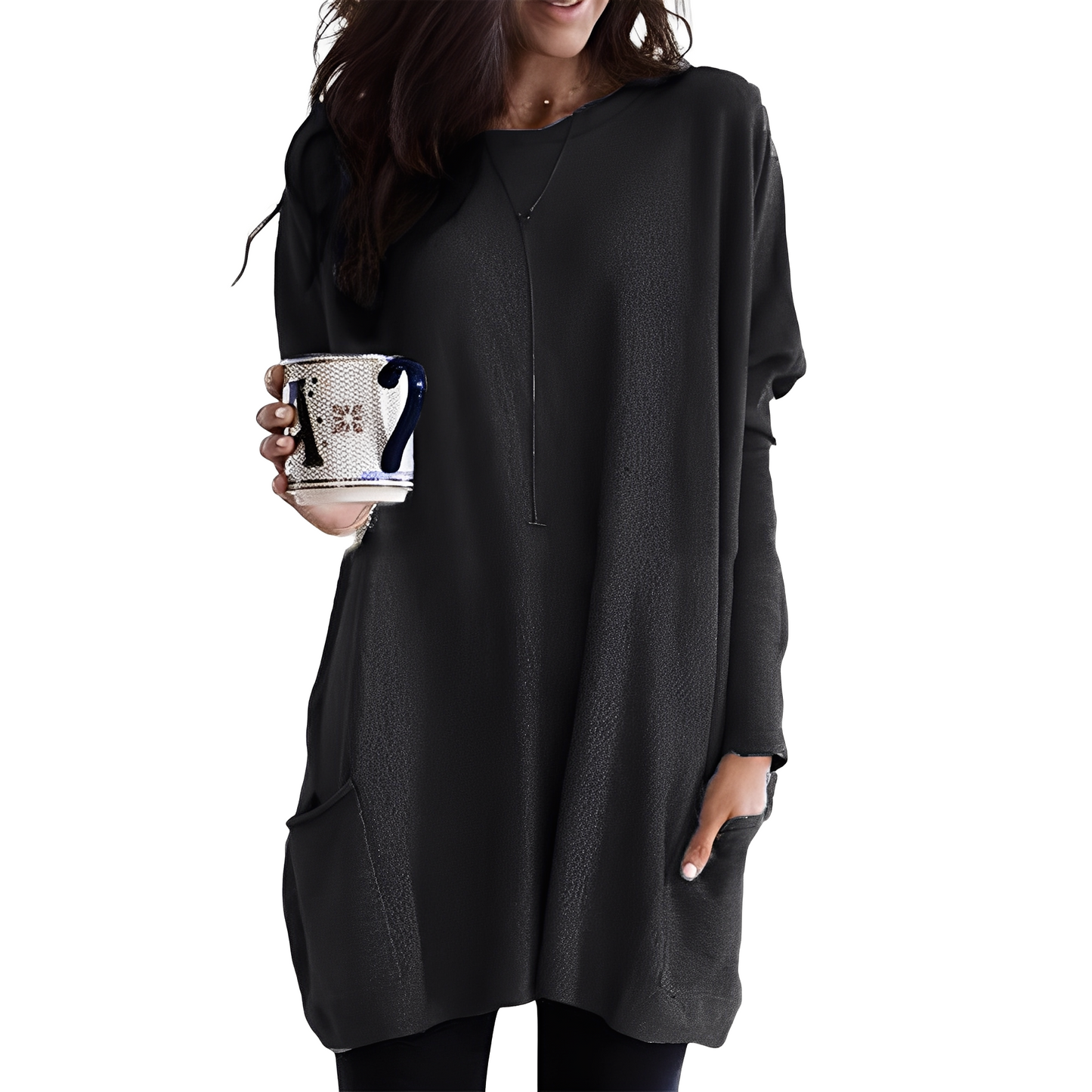 Damen Pullover Lang Bequem Mit Taschen