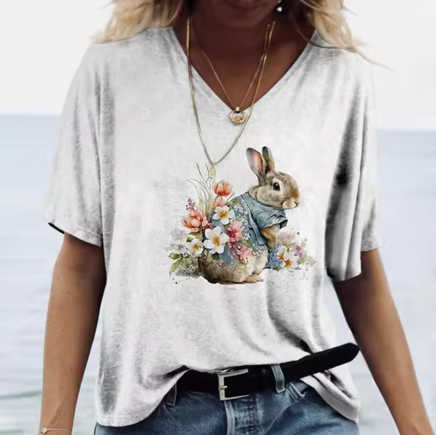 White T-shirts with Cute Bunny Design