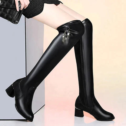 Women's Block Heel Leather Boots Black
