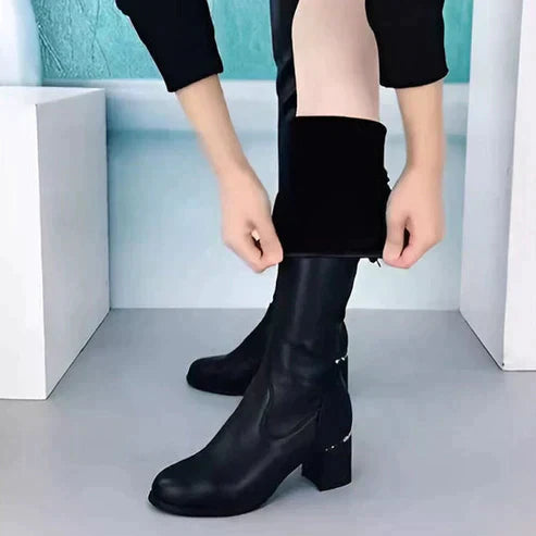 Damenschuhe Blockabsatz Stiefel Leder Schwarz - IdealeKleiden