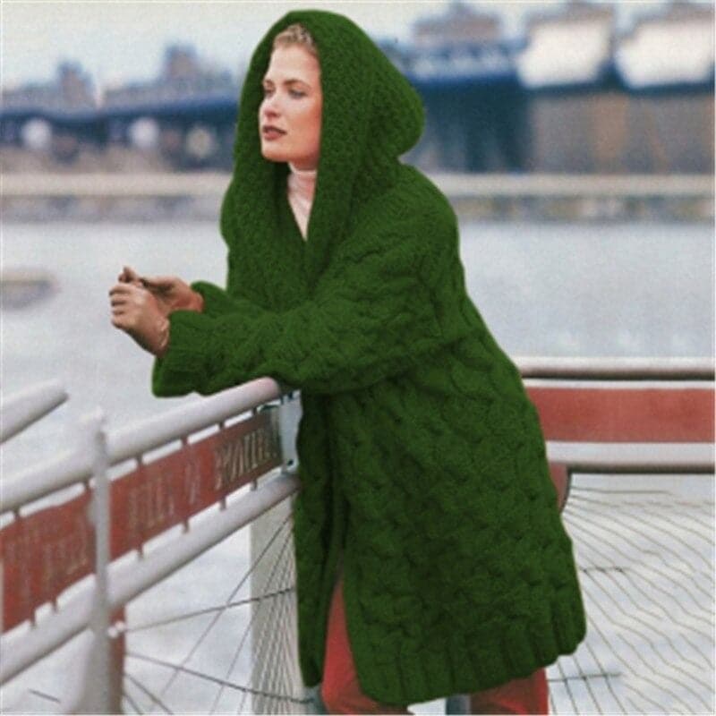Knitted Cardigan Long Hooded Open