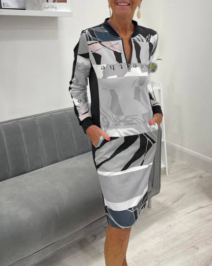 Dress With Long Sleeves and Color Block Design Pocket