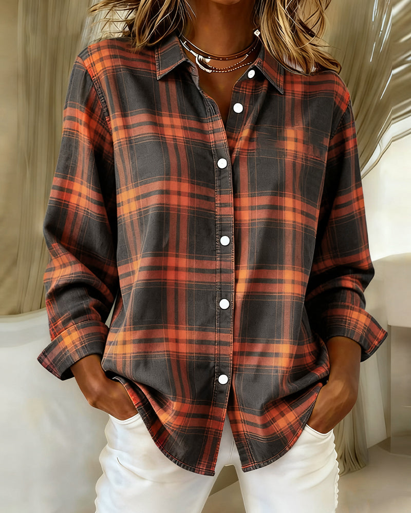 Elegant Blouse Plaid Pattern Crew Neck