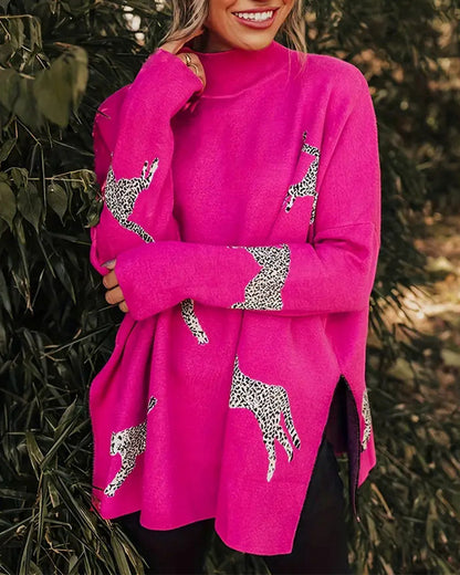 Stylish Leopard Print High Neck Sweater