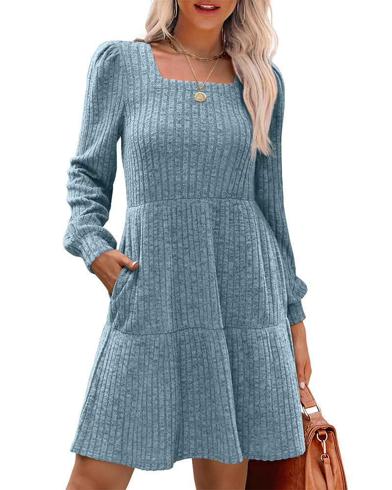 Women's Elegant Square Neck Ribbed Dress