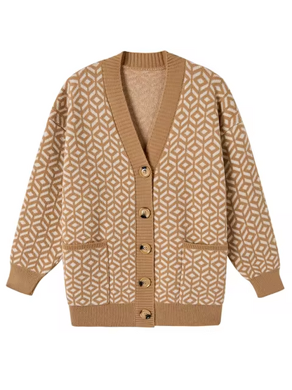 Stylish Knitted Cardigan Geometric Pattern Buttons