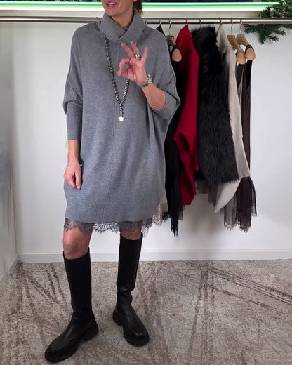 Elegant High-Neck Lace Dress With Batwing Sleeves