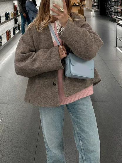 Stylish V-neck Women's Wool Blend Coat