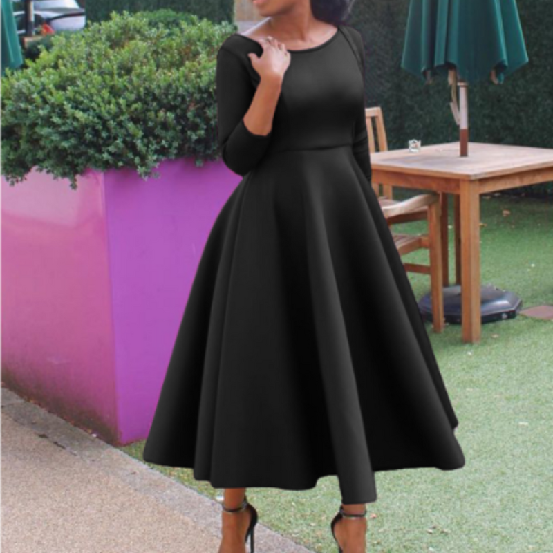 Elegant Women's Midi Dress Round Neck Cut