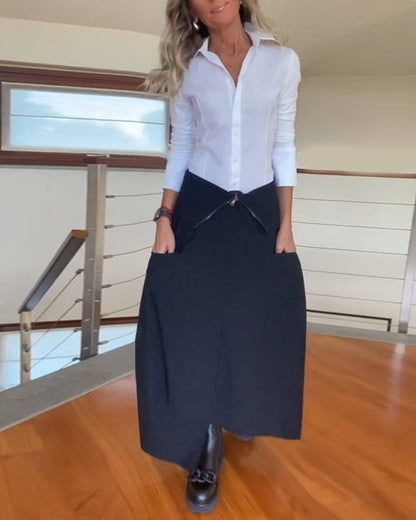 Fashionable Solid-Color Women's Skirt with Zipper and Side Pocket