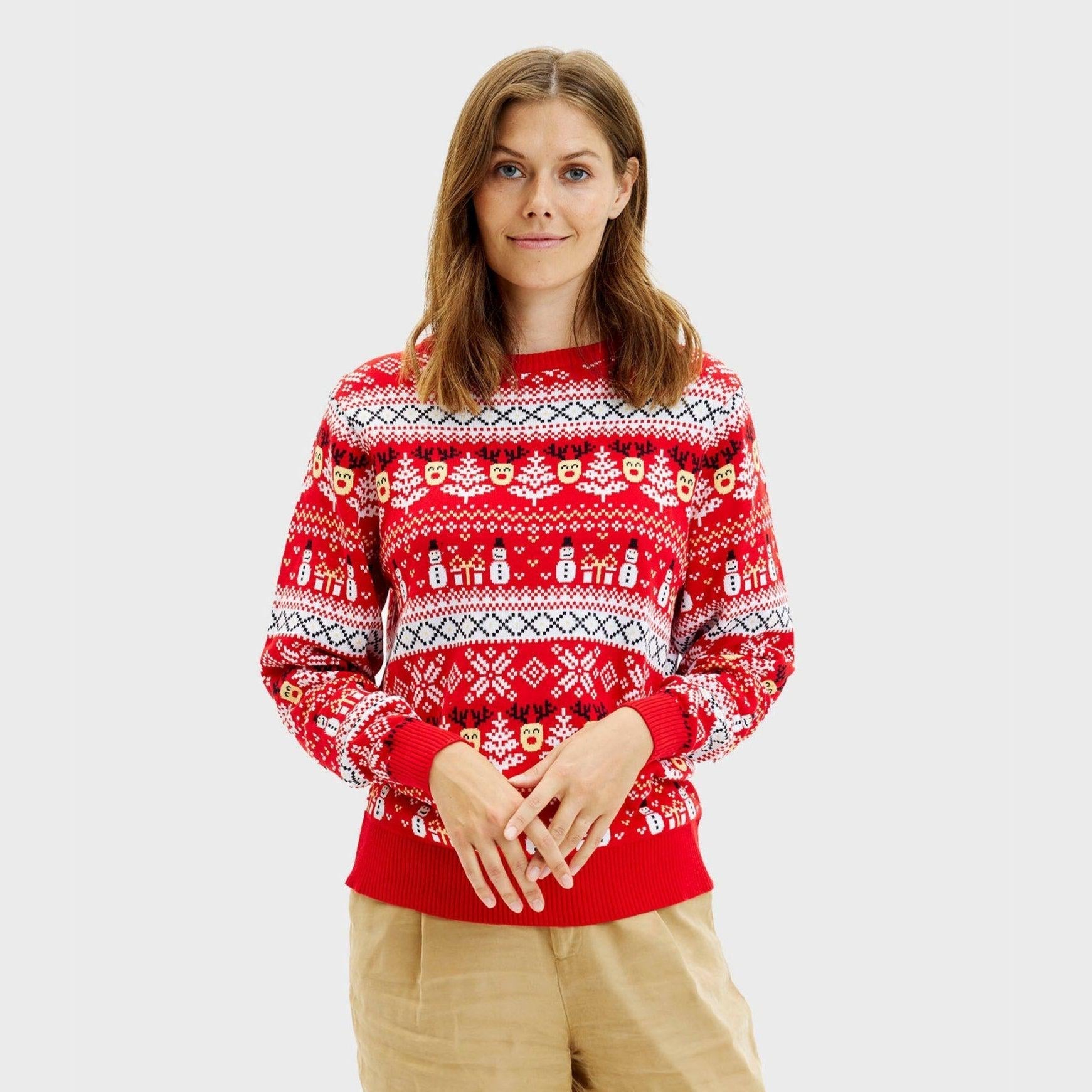 Weihnachtspullover Damen Rot Winterlich - IdealeKleiden