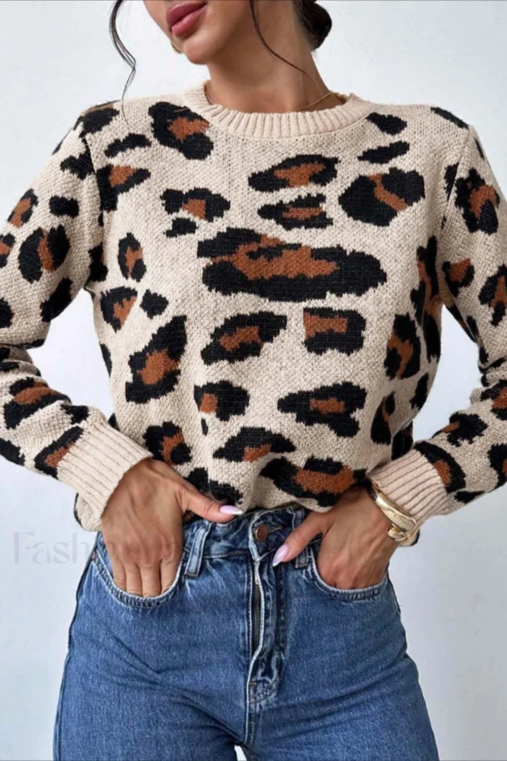 Women's Leopard Print Crew Neck Sweater