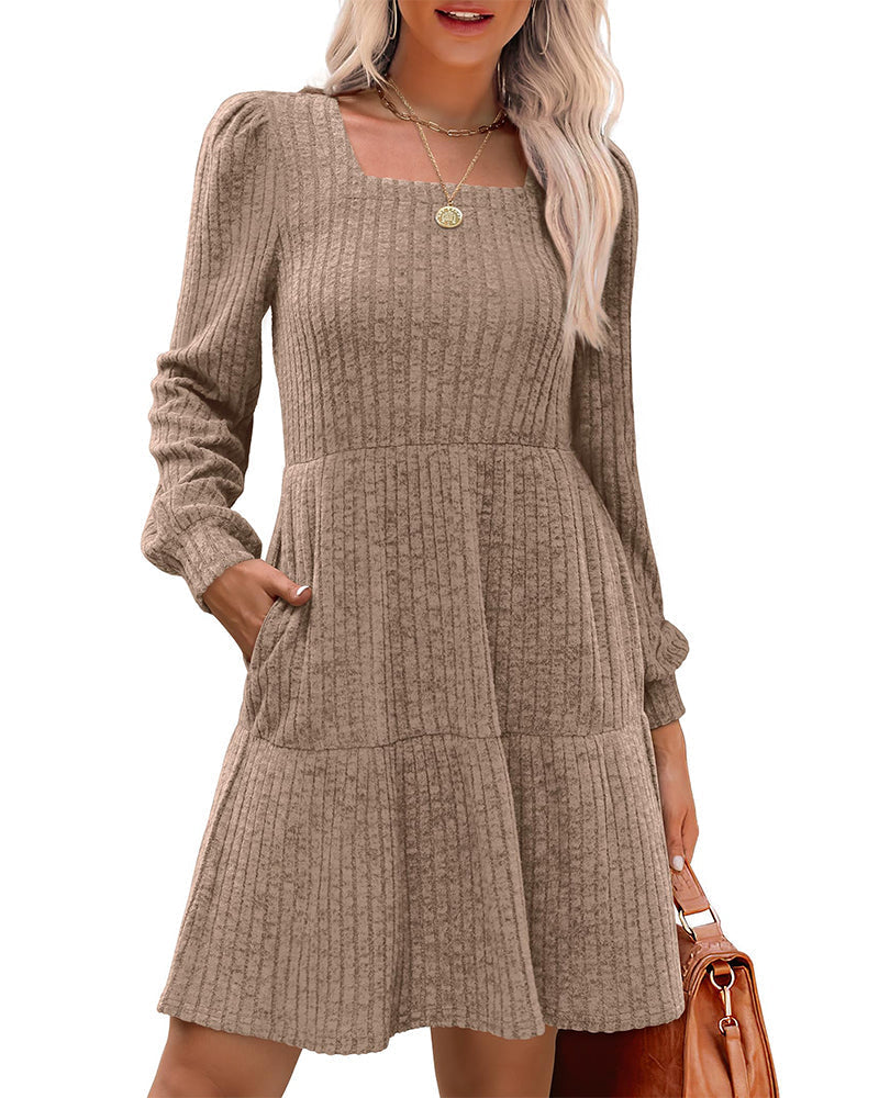 Women's Elegant Square Neck Ribbed Dress