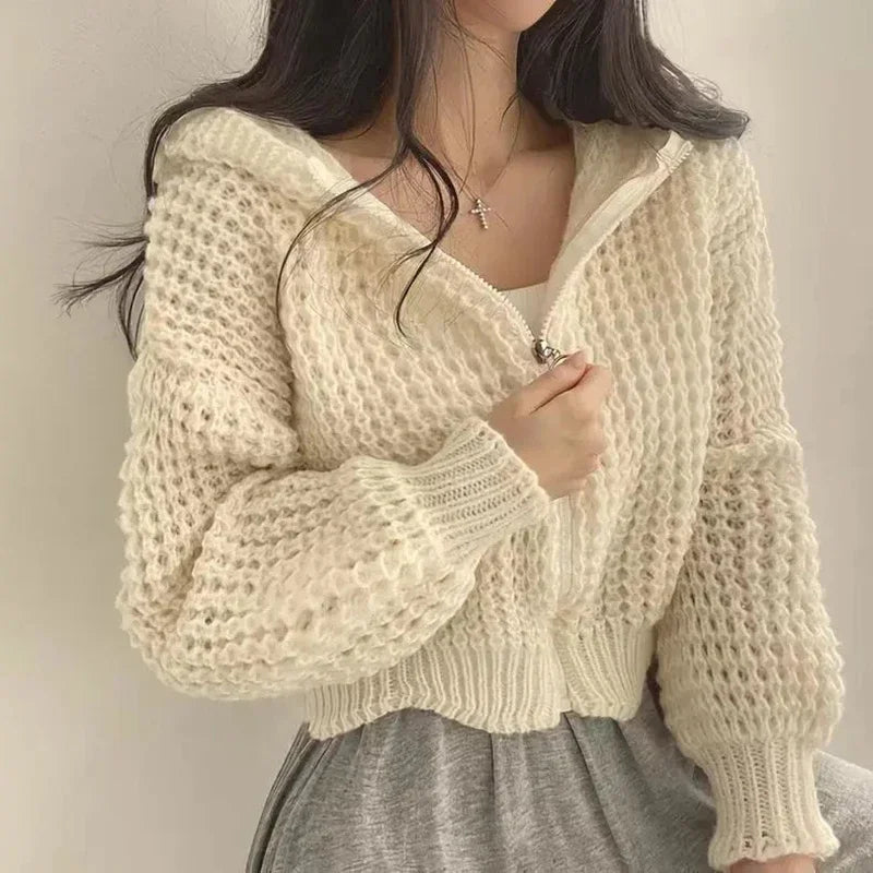 Stylish Short Hooded Cardigan Modern Details