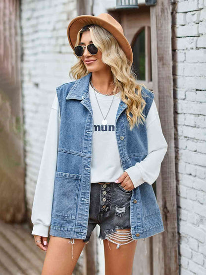 Sleeveless Button-Up Denim Jacket Trendy Design
